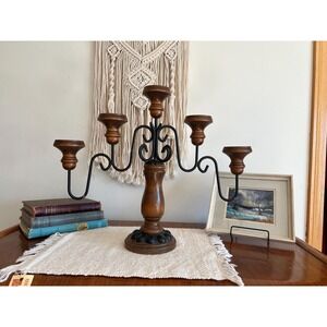 Tabletop Wood and Wrought Iron 5-Candle Candelabra (3730)
